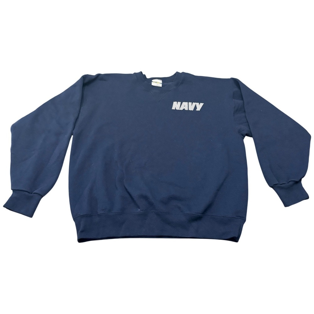 US Navy PT Sweatshirt Mens Large Blue Soffe Fleece Crewneck Pullover Made USA‎